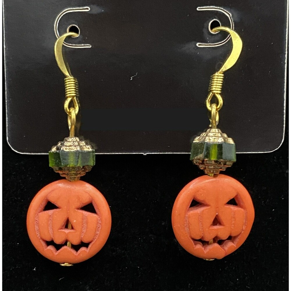 Handmade Jack-O-Lantern Pumpkin Green & Gold Glass Bead Earrings by Neanie-Bot